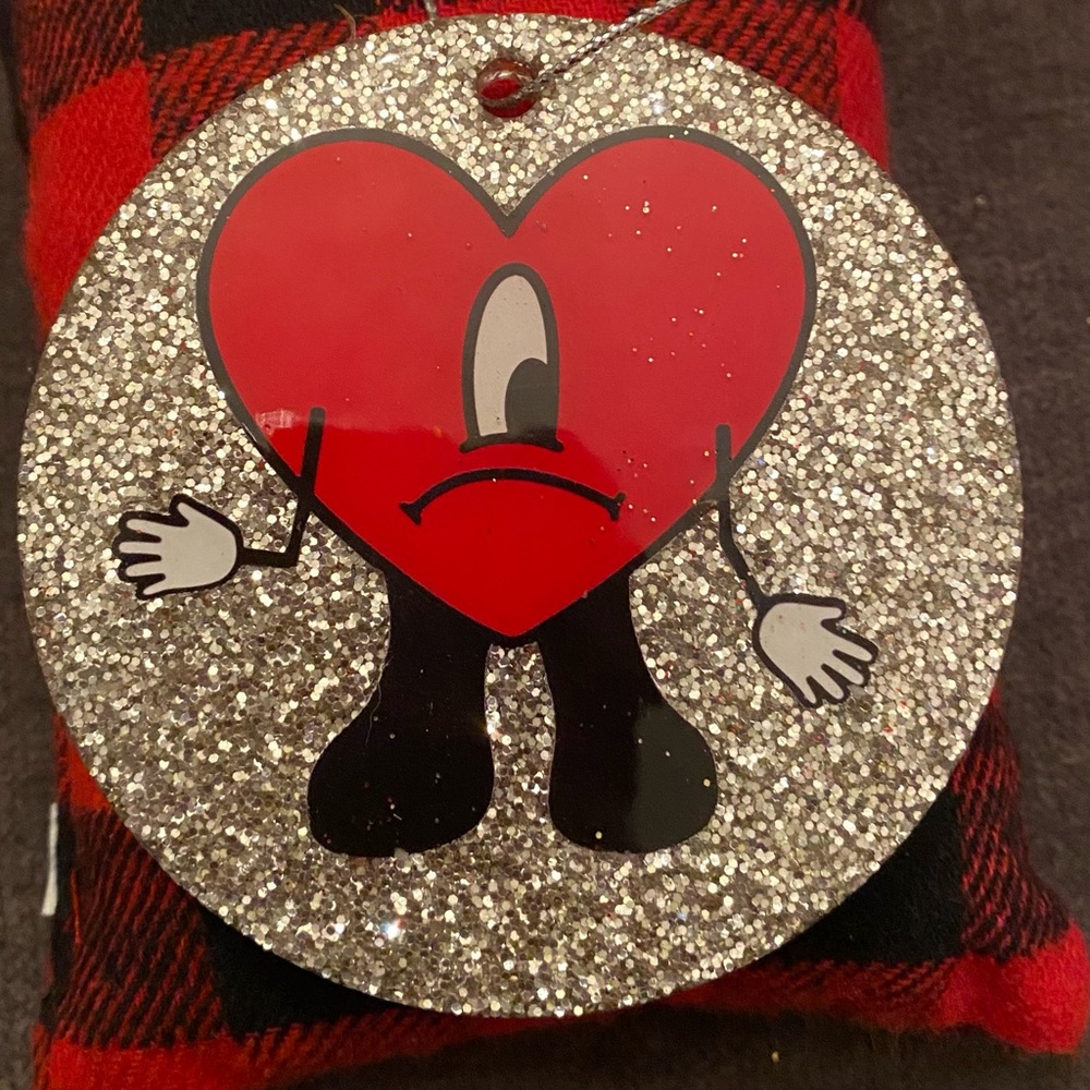 Bad Bunny heart logo Glittery Silver and Red Heart Ornament
